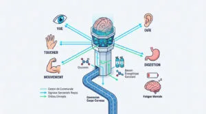 Infographie illustrant le cerveau comme tour de contrôle gérant les sens (vue, ouïe, toucher), mouvement, digestion, énergie et fatigue.