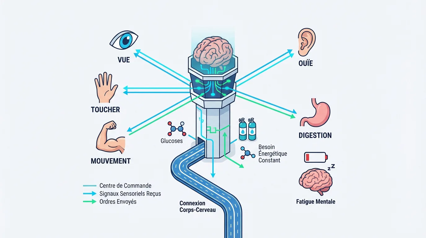 Infographie illustrant le cerveau comme tour de contrôle gérant les sens (vue, ouïe, toucher), mouvement, digestion, énergie et fatigue.
