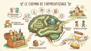 Illustration du chemin de l'apprentissage: cerveau, enfants allant à l'école, outils et étapes clés pour une mémorisation efficace.