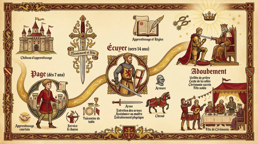 Illustration des étapes de la formation d'un chevalier au Moyen Âge