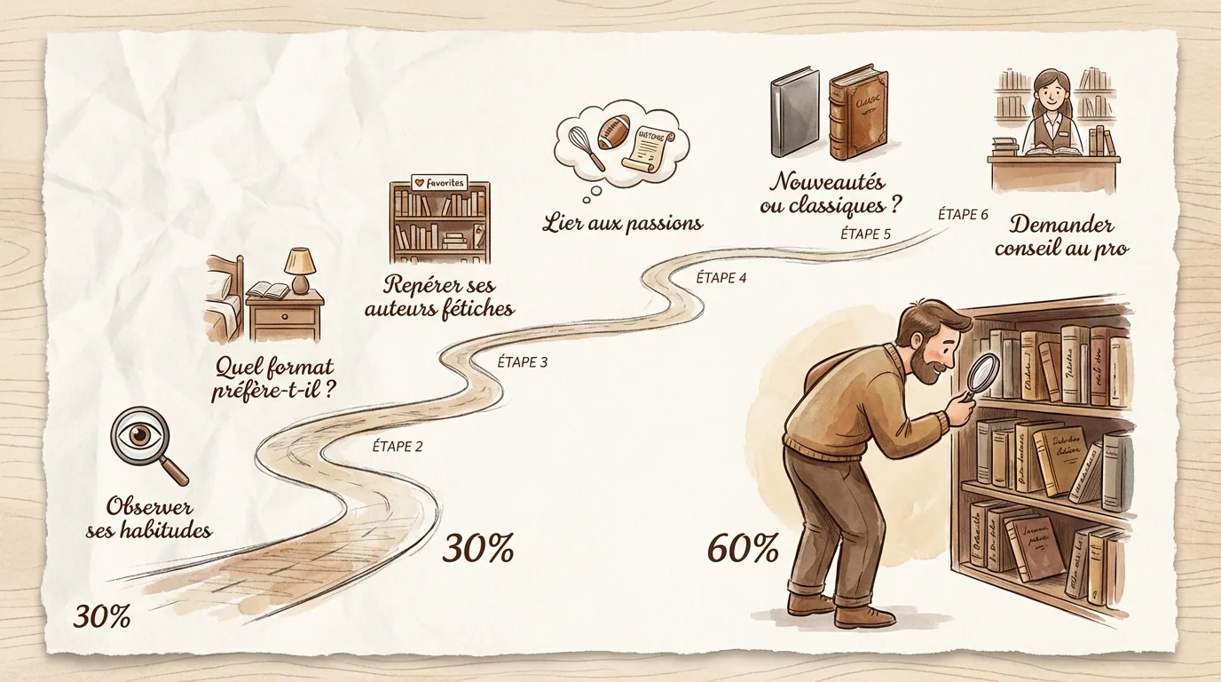 Illustration d'un guide en 6 étapes pour choisir un livre. Un chemin mène de l'observation à la demande de conseil.