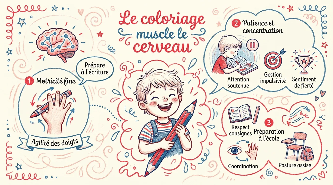 Infographie sur les bienfaits du coloriage : motricité fine, concentration, gestion des émotions et préparation scolaire.