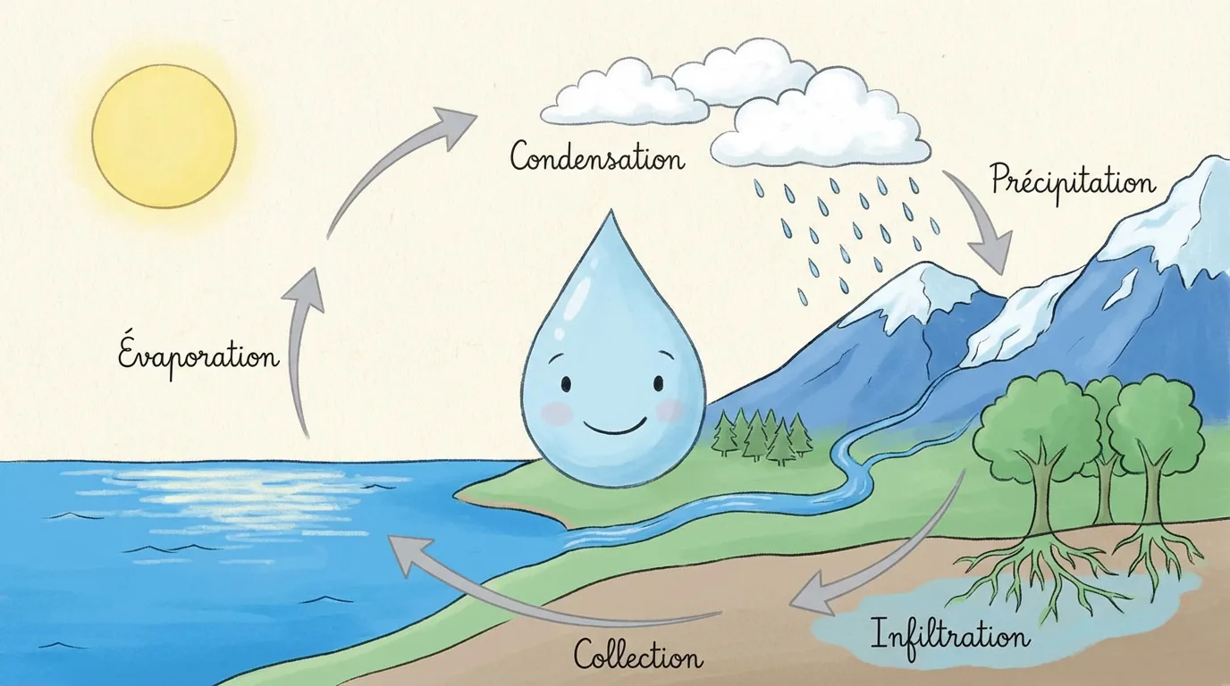 Illustration du cycle de l'eau avec soleil, nuages, montagnes, rivière et une goutte d'eau souriante. Étapes : Évaporation, Condensation, Précipitation, Infiltration, Collection.