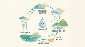 Dessin du cycle de l'eau pour enfants. Une goutte souriante guide à travers l'évaporation, les nuages, la pluie, la neige et les plans d'eau.