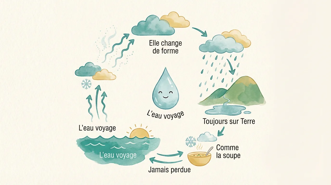 Dessin du cycle de l'eau pour enfants. Une goutte souriante guide à travers l'évaporation, les nuages, la pluie, la neige et les plans d'eau.