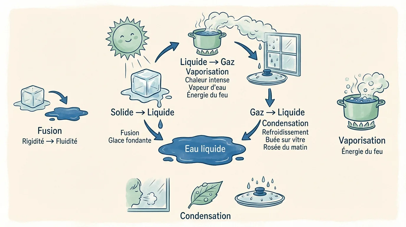 Diagramme illustré montrant la fusion, vaporisation et condensation de l'eau avec des exemples visuels pour enfants.