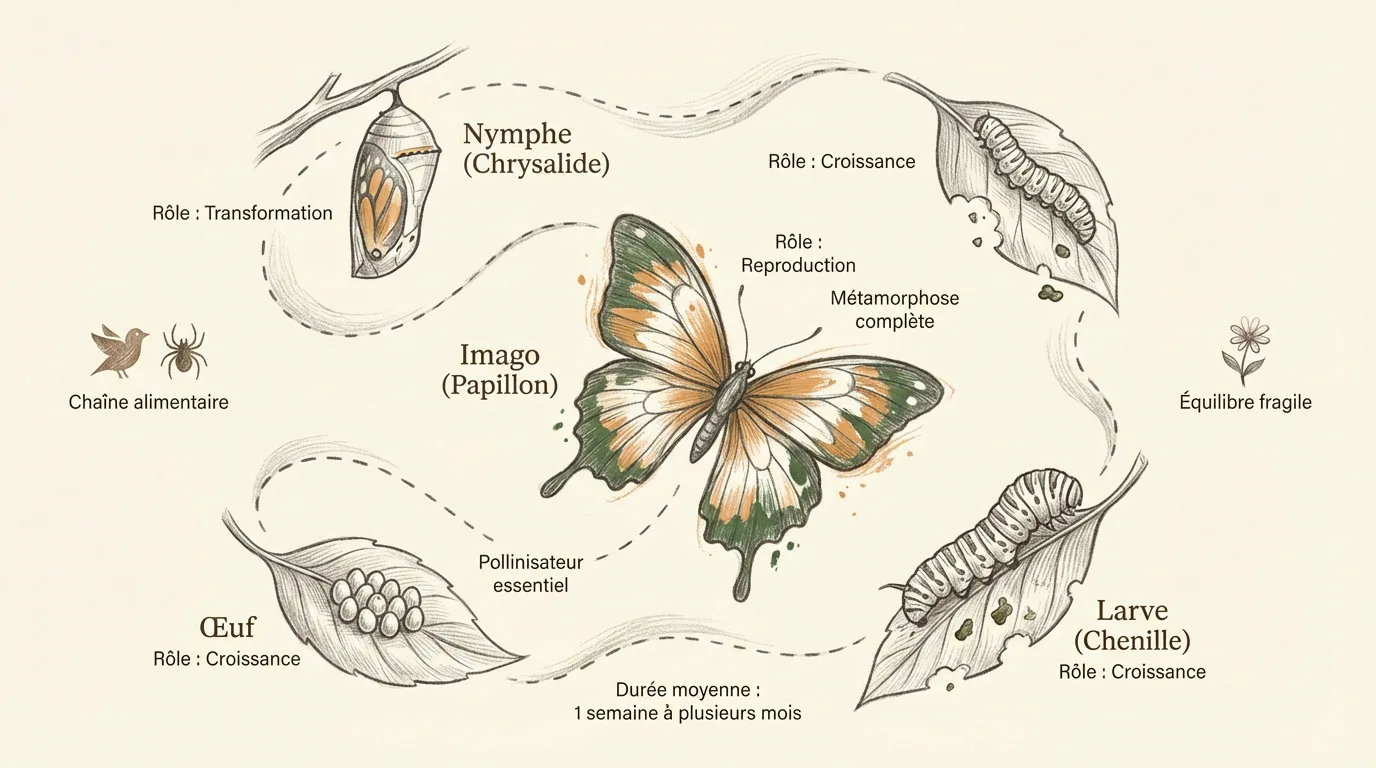 Diagramme illustré du cycle de vie du papillon : œuf, chenille, chrysalide et papillon adulte, avec rôles écologiques.