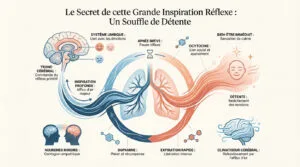 Infographie détaillant les mécanismes et bienfaits du bâillement, incluant cerveau, poumons, neurotransmetteurs et détente.