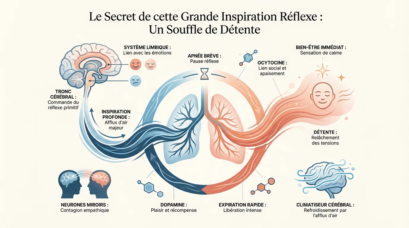 Infographie détaillant les mécanismes et bienfaits du bâillement, incluant cerveau, poumons, neurotransmetteurs et détente.