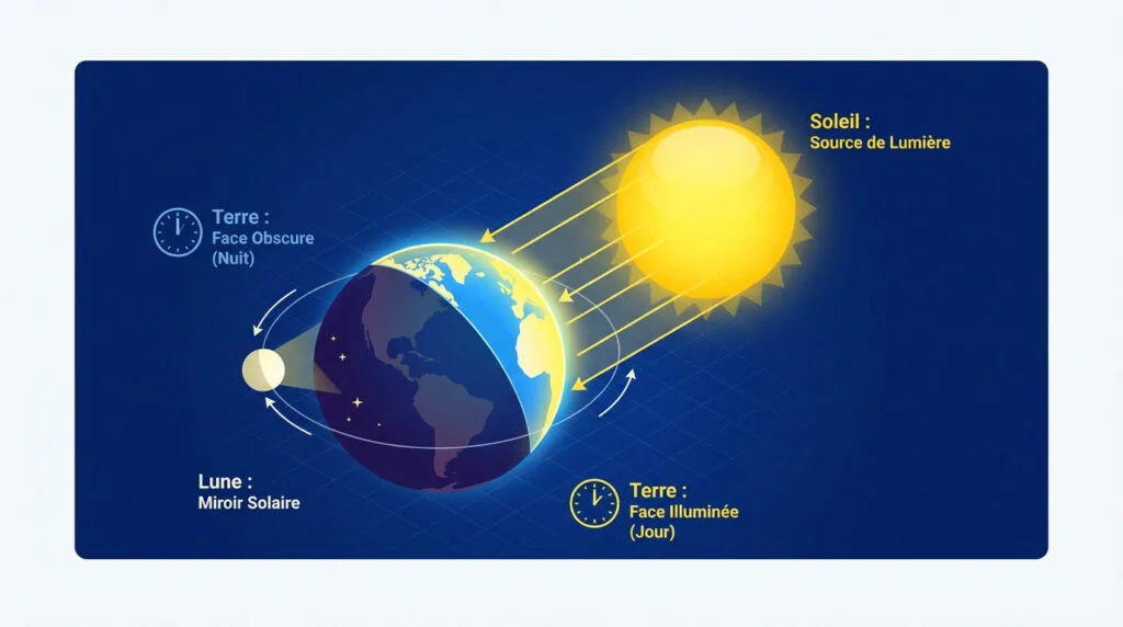 Schéma de la Terre éclairée par le Soleil montrant l'alternance du jour et de la nuit