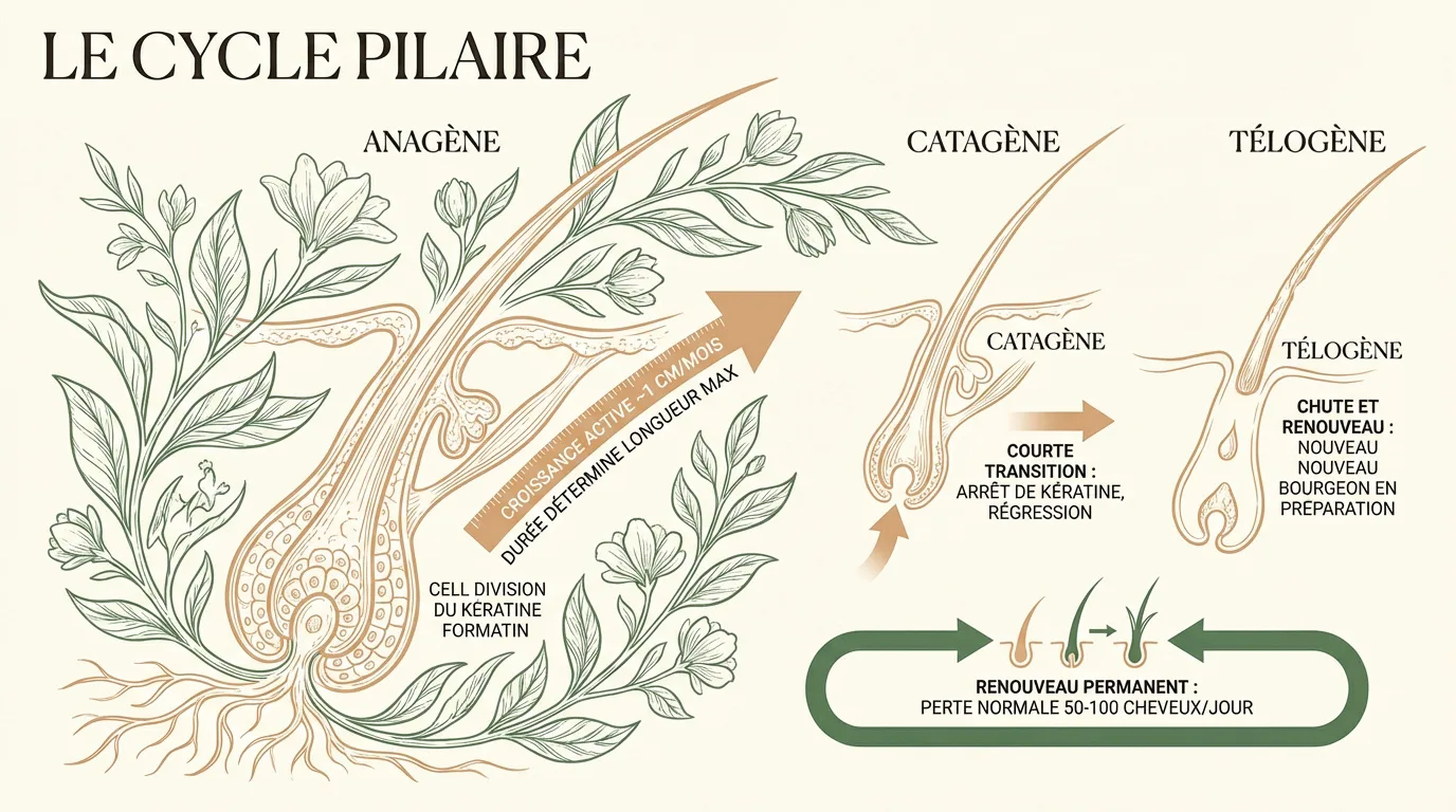 Illustration schématique du cycle pilaire humain. Détaille les phases anagène (croissance), catagène (transition) et télogène (repos/chute).
