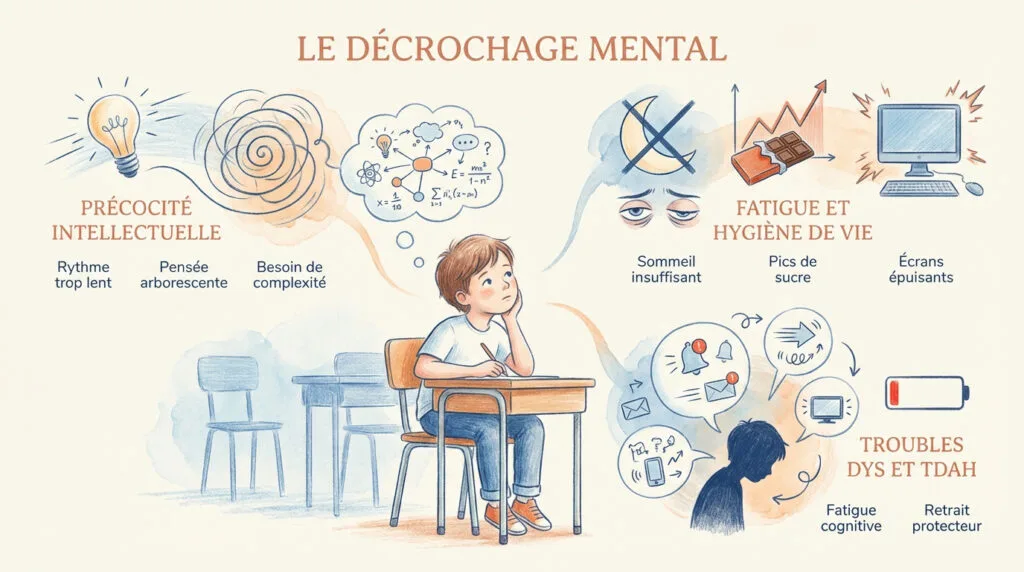 Enfant rêveur en classe illustrant le décrochage mental