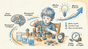 Enfant jouant aux blocs. Schéma du développement 6-10 ans: raisonnement, mémoire, attention, gestion temps et argent. Style croquis.