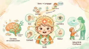 Illustration d'un enfant et de ses 5 sens stimulant le cerveau, le langage, et les liens affectifs pour la sécurité et la confiance.