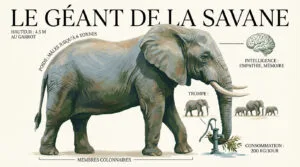 Infographie d'un éléphant d'Afrique, détaillant taille, poids, intelligence et consommation quotidienne. Le géant de la savane.