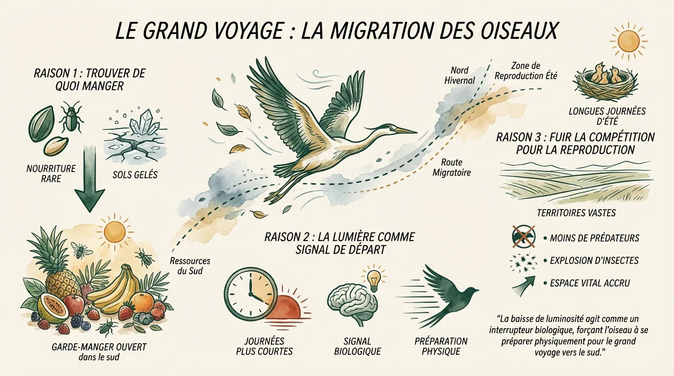 Infographie détaillant les trois raisons principales de la migration des oiseaux vers le sud : nourriture, signal lumineux et reproduction.