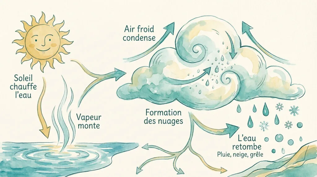 Schéma pédagogique illustrant le cycle naturel de l'eau pour les enfants