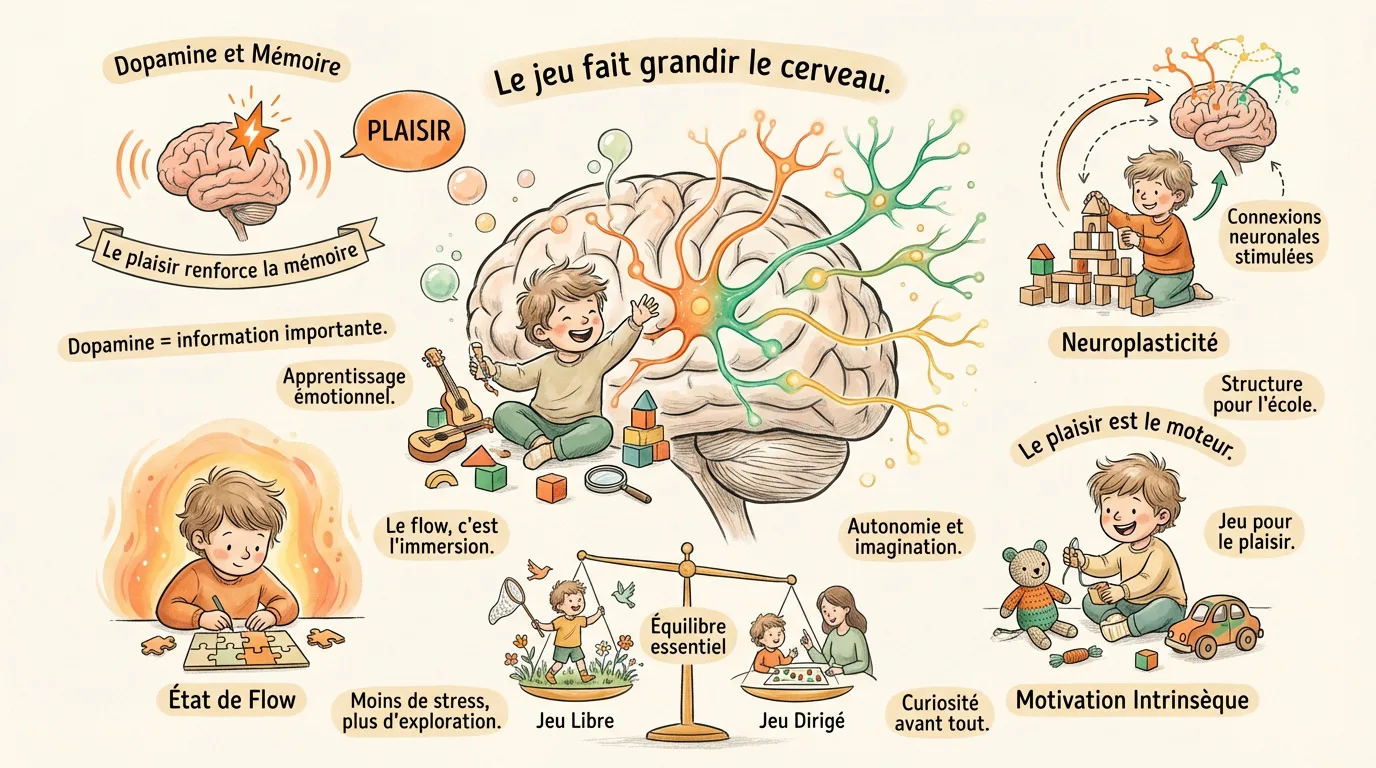 Infographie illustrant l'impact du jeu sur le développement cérébral et l'apprentissage de l'enfant.