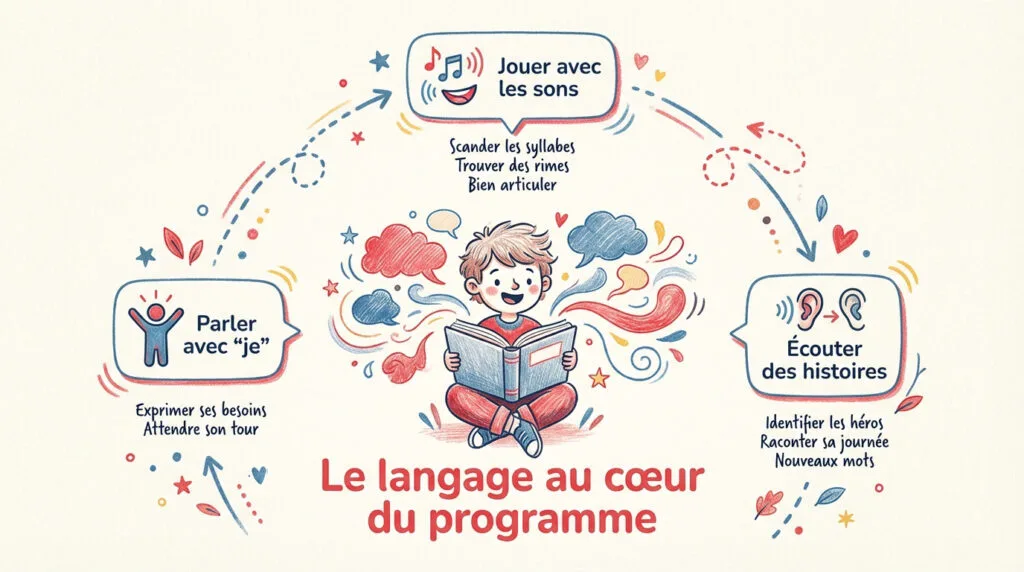 Enfant en moyenne section apprenant le langage oral et écrit avec son enseignante