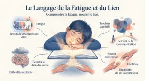 Infographie: enfant endormi sur un livre, symbolisant fatigue et difficultés scolaires. Entouré d'icônes de déconnexion, empathie, et communication.