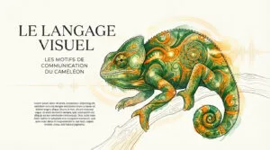 Illustration artistique d'un caméléon vert et orange aux motifs complexes sur une branche, symbolisant sa communication visuelle.