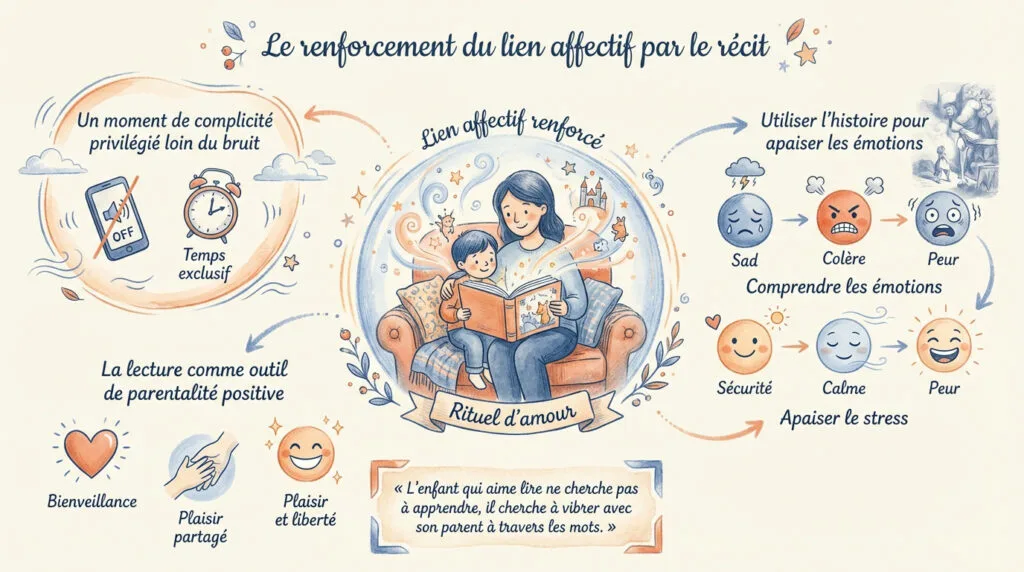 Une maman et son enfant lisent un livre ensemble dans une ambiance chaleureuse