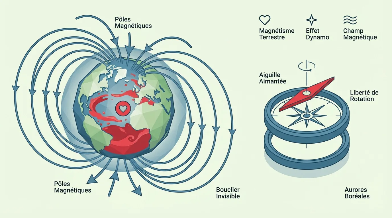 Illustration pédagogique du champ magnétique terrestre (pôles, lignes) et d'une boussole avec son aiguille aimantée.