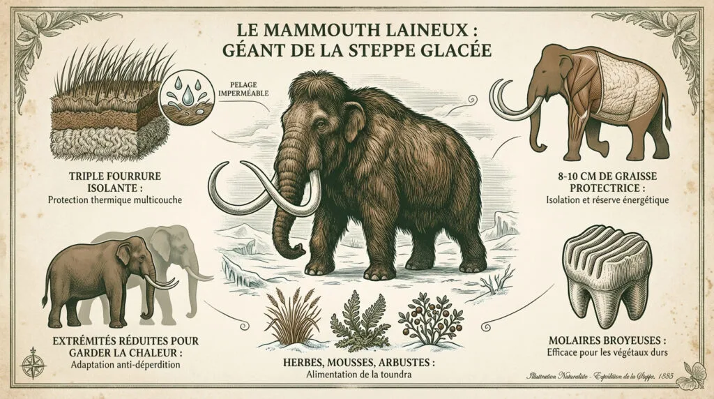 Un mammouth laineux imposant marchant dans une steppe enneigée de l'ère glaciaire