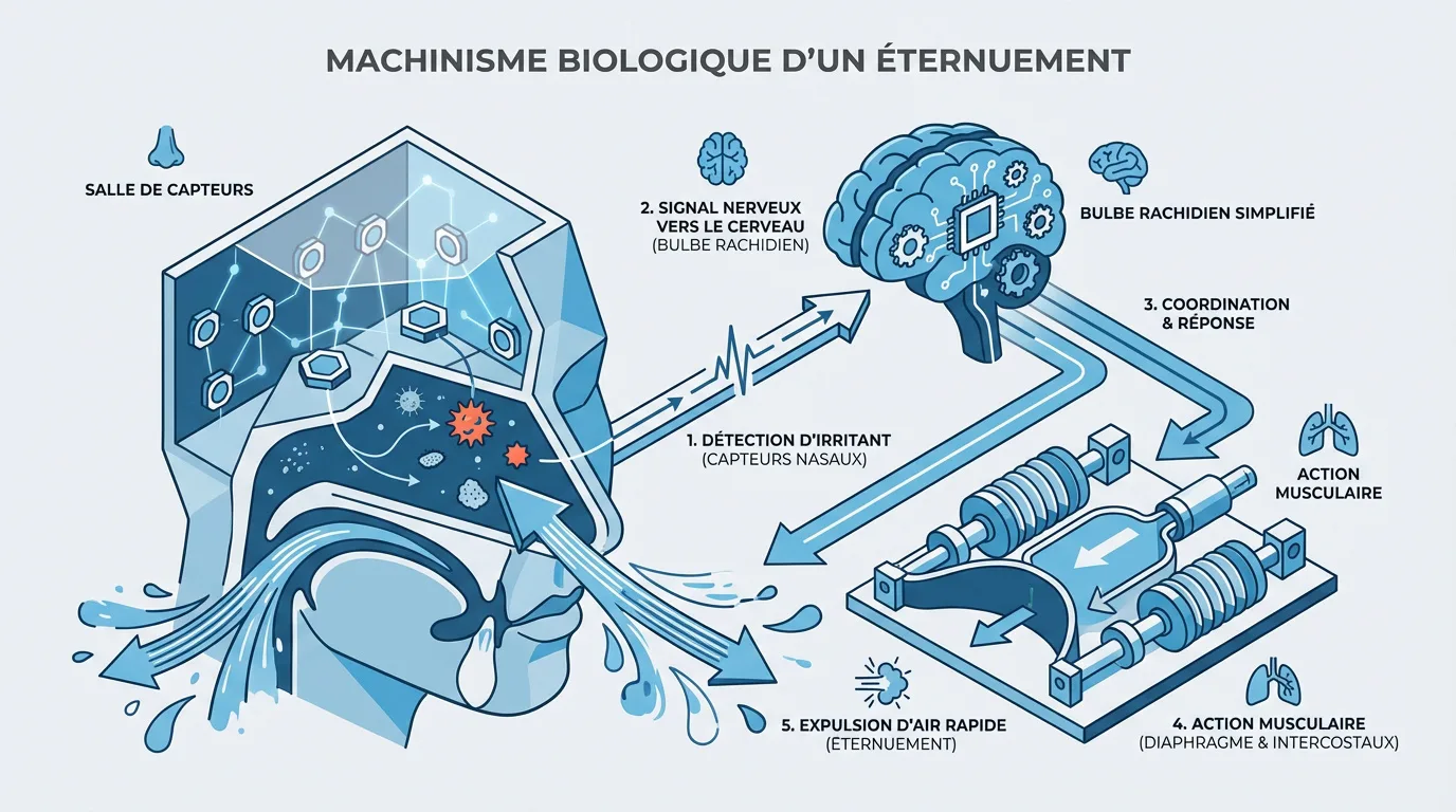 Infographie sur le mécanisme biologique de l'éternuement, de la détection d'irritant à l'expulsion rapide d'air.