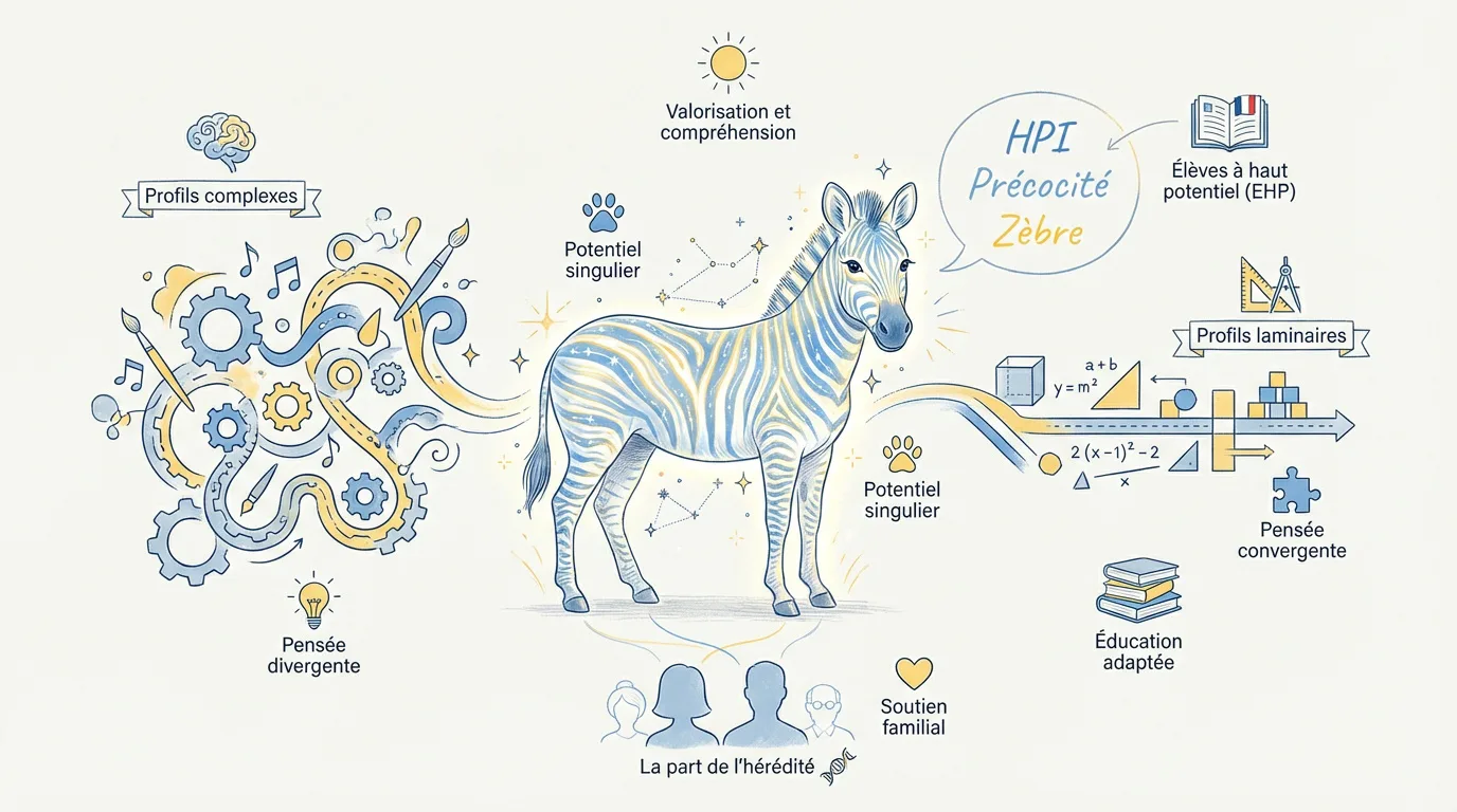 Infographie HPI (zèbre). Illustre profils de pensée variés (divergente, convergente), l'hérédité et le soutien familial/éducatif.