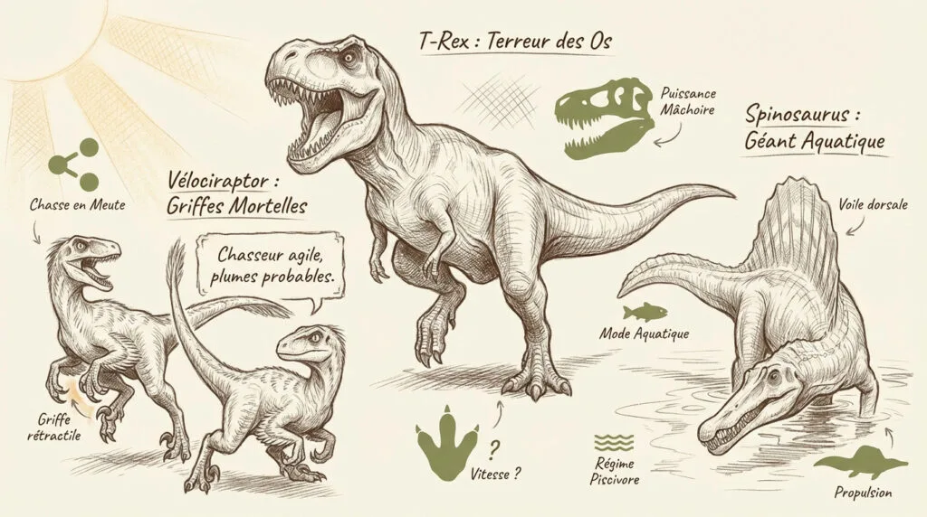 Illustration d'un T-Rex et d'un Spinosaurus dans un paysage préhistorique