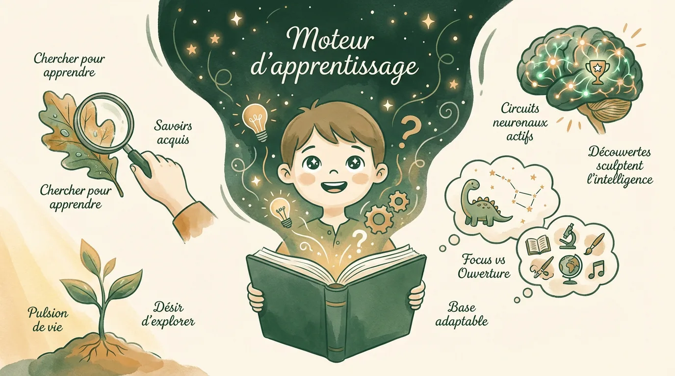 Illustration enfant lisant, entouré de symboles de curiosité, d'exploration, de savoir et de développement cérébral actif.