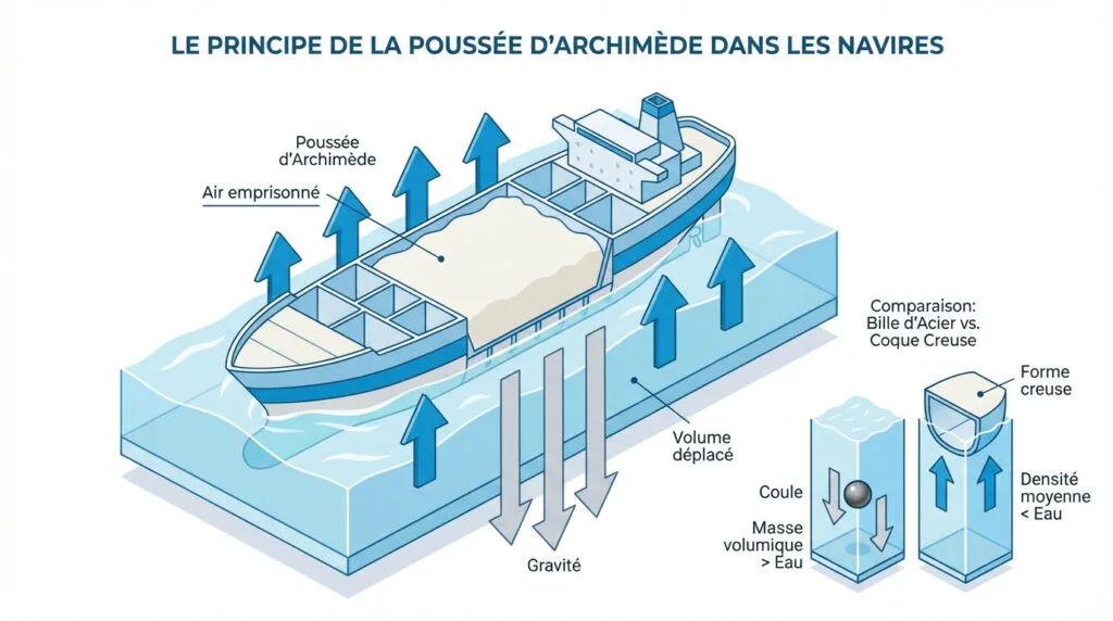 Schéma expliquant la poussée d'Archimède et la flottabilité d'un navire en acier