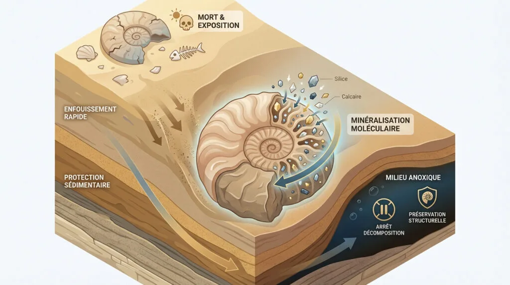 Schéma illustrant les étapes de la fossilisation d'un squelette sous des couches de sédiments