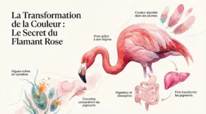 Infographie sur l'origine de la couleur rose du flamant. Montre algues, crevettes, système digestif, foie et plumes, expliquant l'assimilation des caroténoïdes.