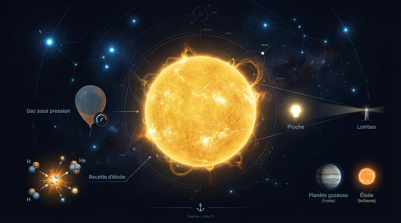 Illustration didactique de l'éclat des étoiles montrant le Soleil, la fusion nucléaire, la pression gazeuse, et des comparaisons.