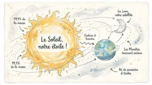 Illustration aquarelle du Soleil dominant, éclairant la Terre et la Lune, expliquant leur interconnexion et les concepts clés du système solaire.
