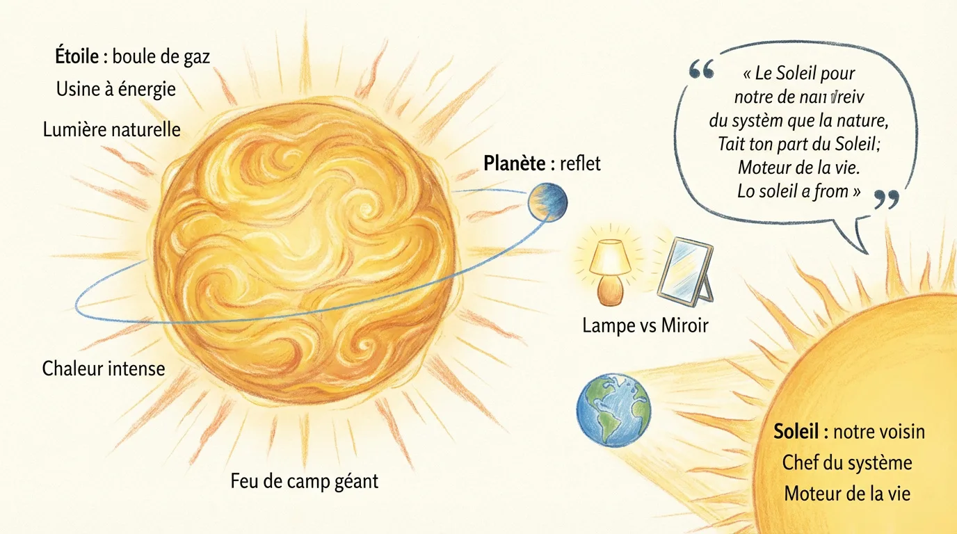 Illustration du Soleil (étoile), boule de gaz produisant lumière et chaleur. Une planète est un reflet. Explique étoile vs planète.