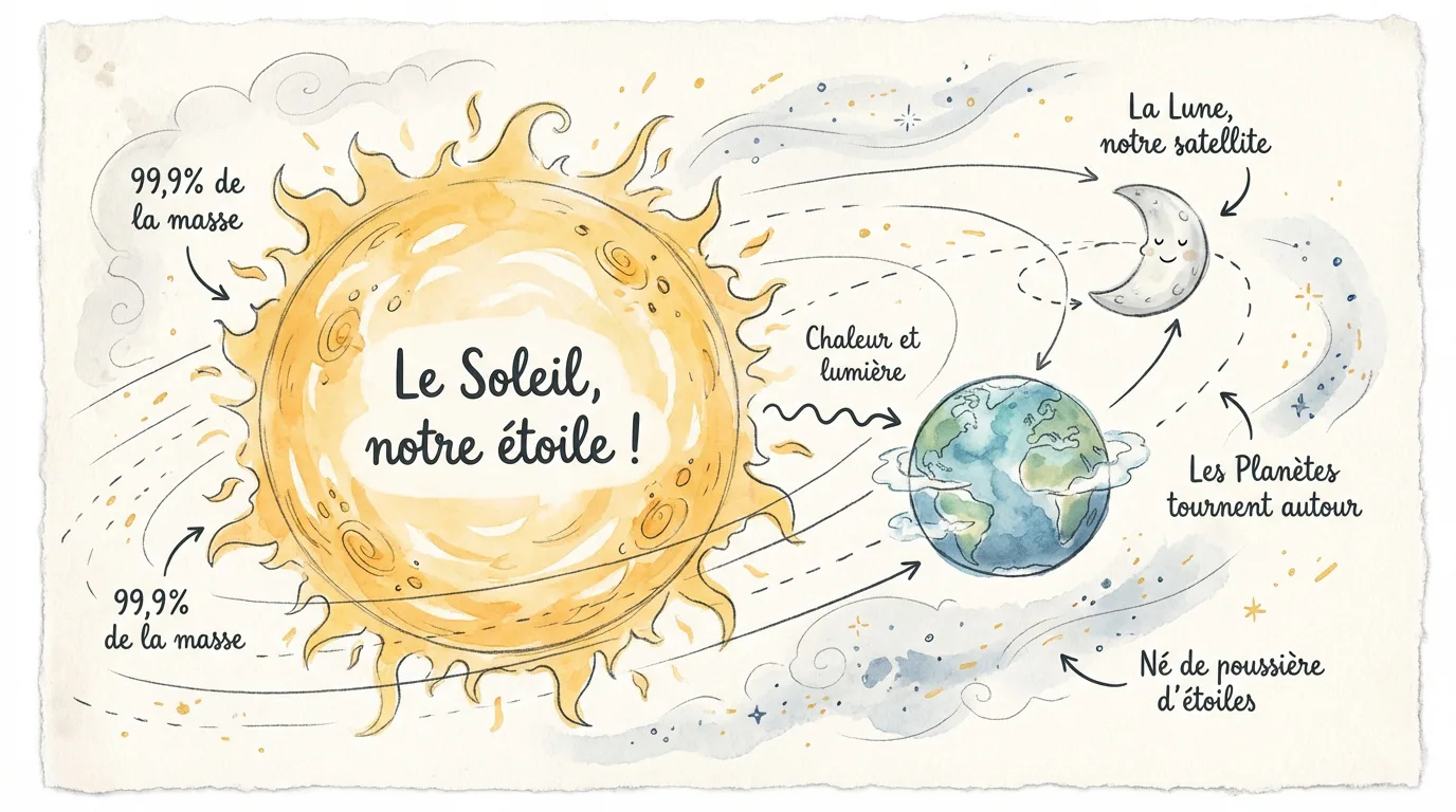 Illustration aquarelle du Soleil dominant, éclairant la Terre et la Lune, expliquant leur interconnexion et les concepts clés du système solaire.