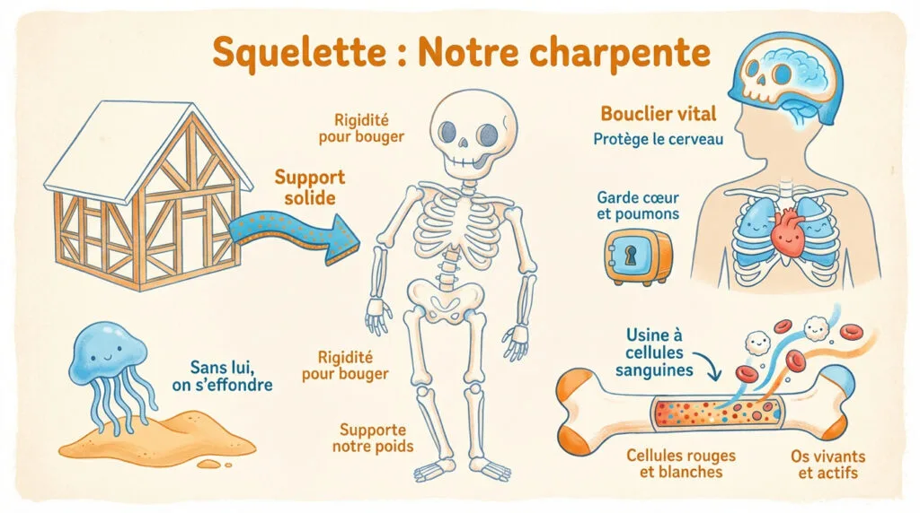 Schéma pédagogique du squelette humain montrant les os et les articulations pour les enfants