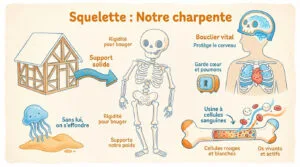 Infographie colorée pour enfants expliquant le squelette humain : support, protection des organes et production de cellules sanguines.
