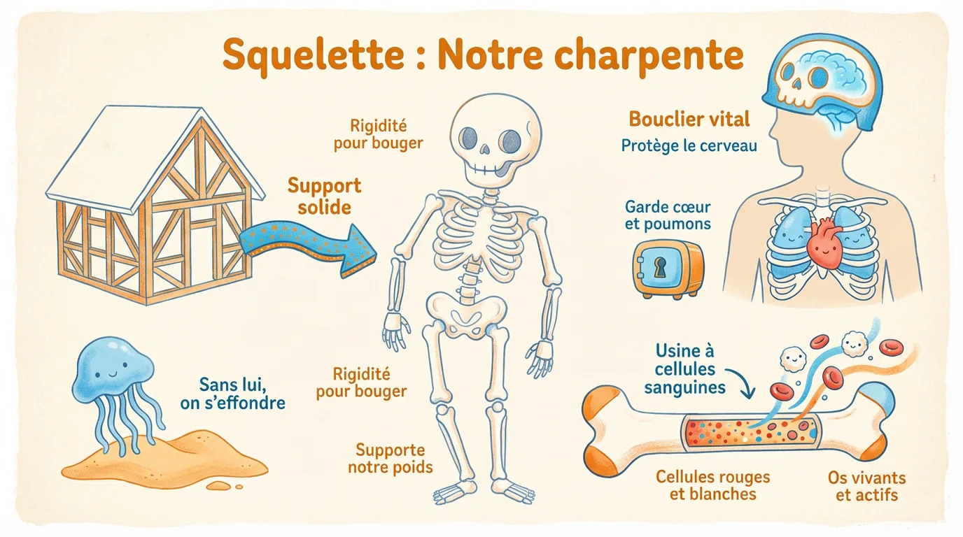 Infographie colorée pour enfants expliquant le squelette humain : support, protection des organes et production de cellules sanguines.