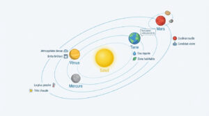 Diagramme illustré du Soleil et des 4 planètes intérieures : Mercure, Vénus, Terre, Mars. Chaque planète est décrite succinctement.