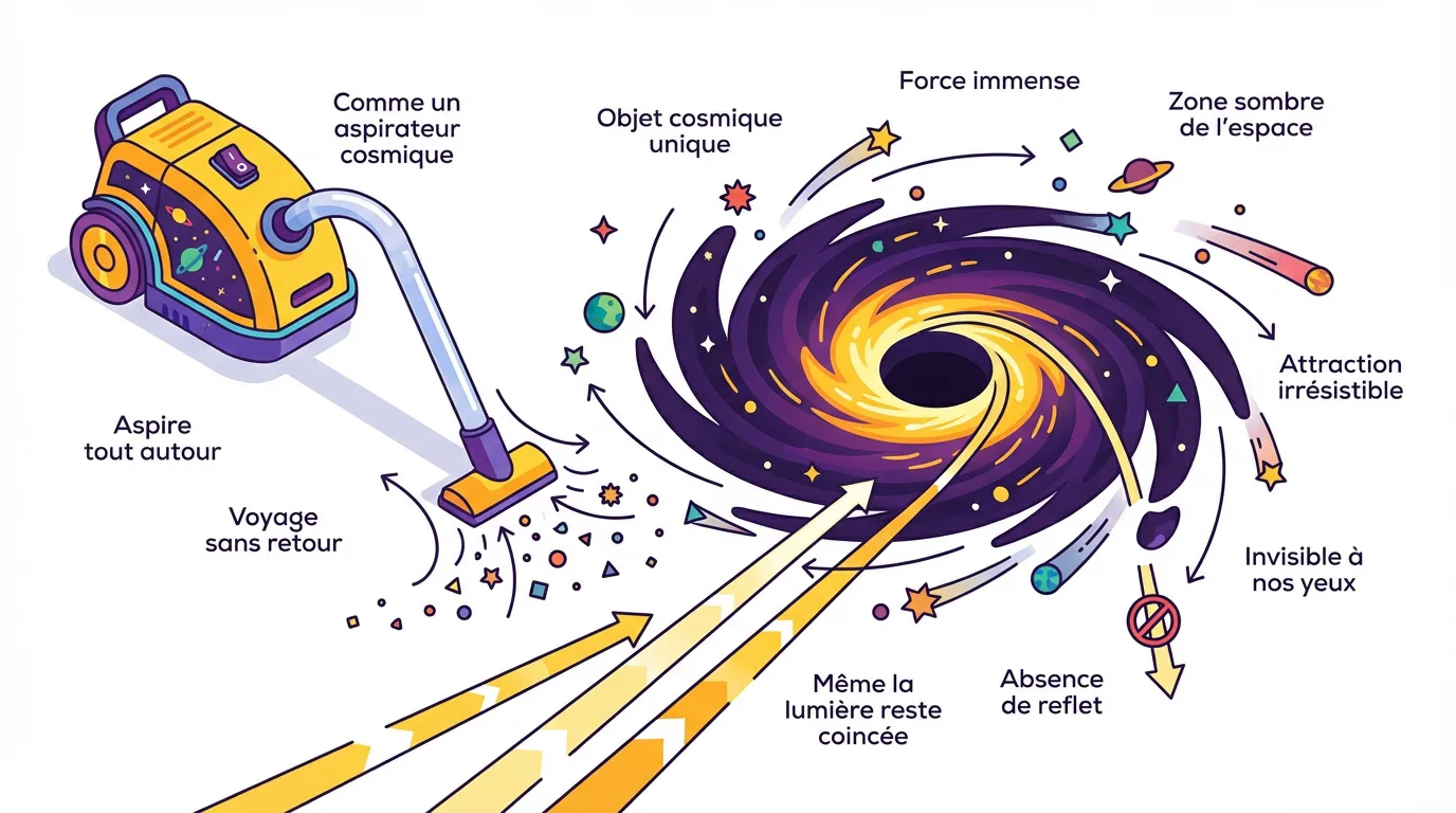 Illustration colorée expliquant un trou noir comme un aspirateur cosmique. Montre des objets spatiaux attirés par la spirale noire et violette.
