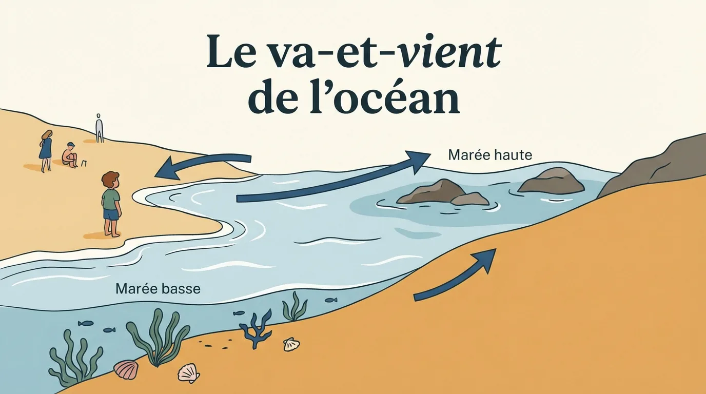 Illustration expliquant le cycle des marées: la mer à marée basse avec des baigneurs sur la plage, puis la montée des eaux vers la marée haute.