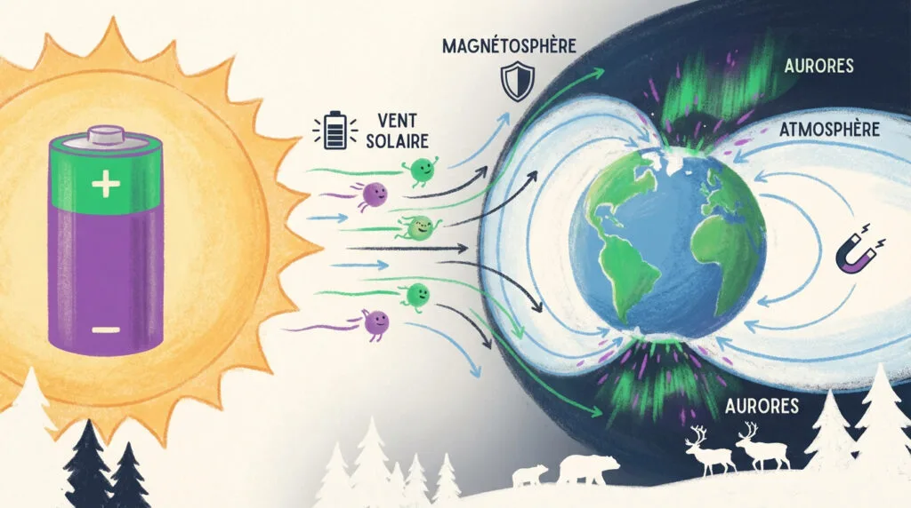 Schéma du vent solaire frappant le bouclier magnétique de la Terre
