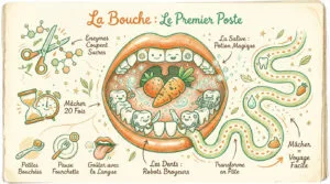 Illustration colorée et ludique de l'intérieur d'une bouche avec des dents souriantes, des aliments et les étapes de la digestion.