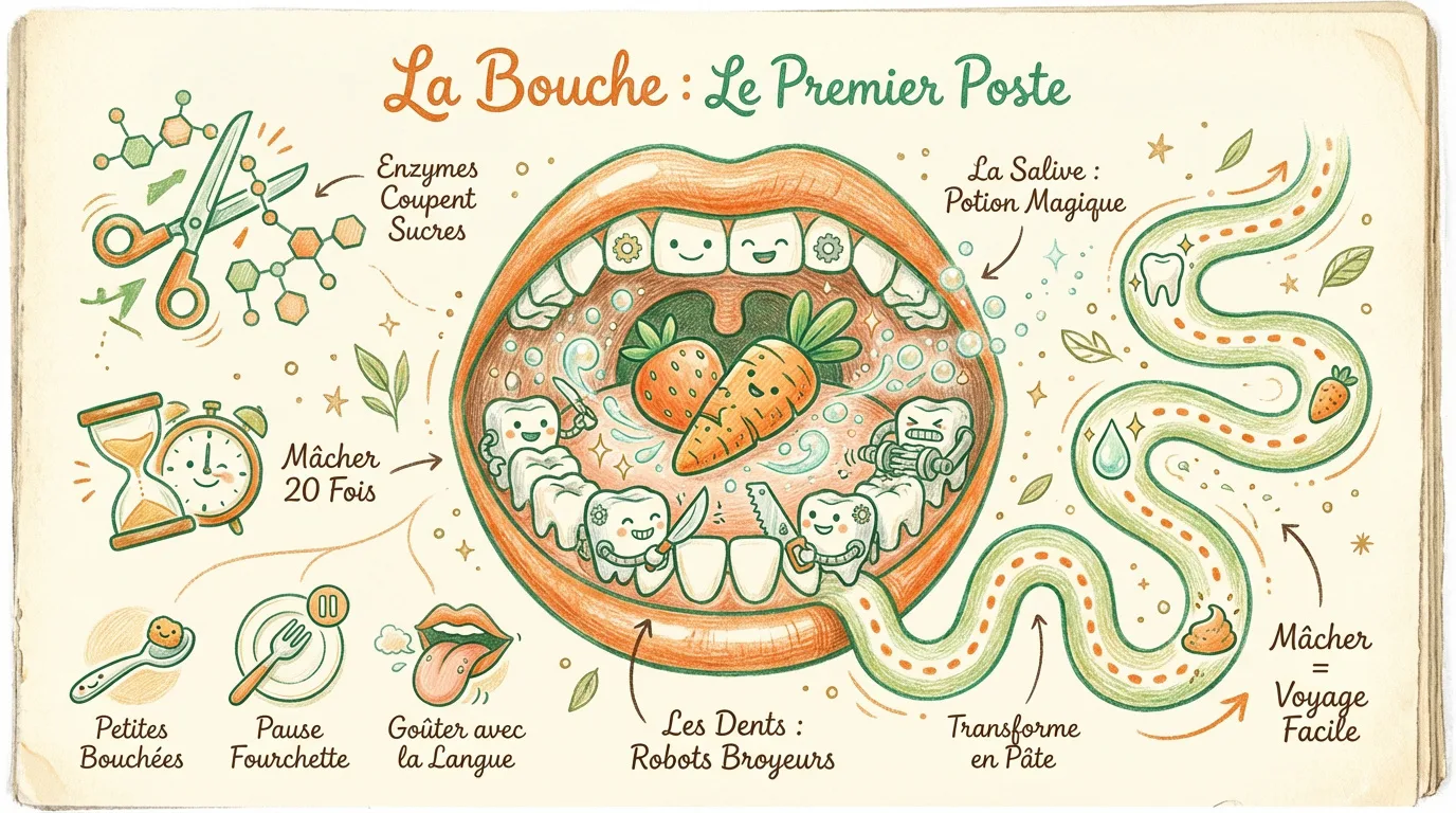 Illustration colorée et ludique de l'intérieur d'une bouche avec des dents souriantes, des aliments et les étapes de la digestion.