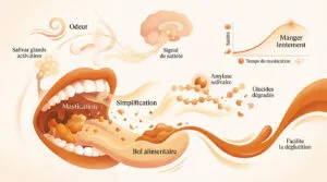 Processus de digestion buccale: mastication, activation salivaire, dégradation des glucides, formation du bol alimentaire et satiété.