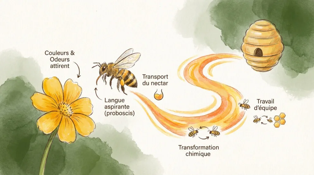 Abeille butineuse récoltant le nectar d'une fleur pour fabriquer du miel